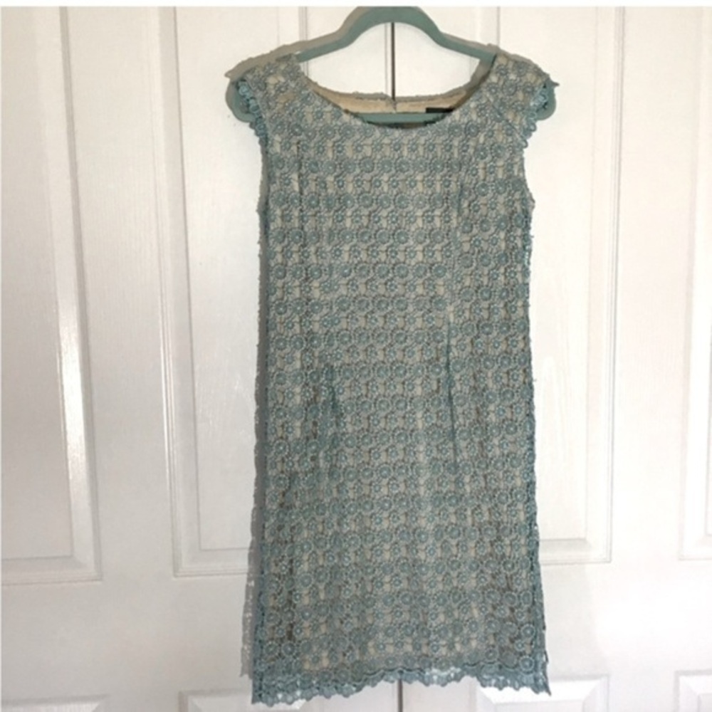 🖤5/$25 Adriana Papell Lace chrochet dress open back blue sea foam trim detail NW - Picture 5 of 16